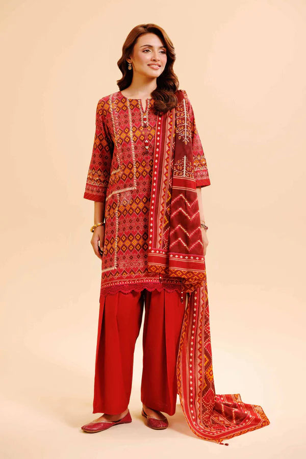Nishat Printed Lawn 3 Piece Suit – Vibrant Red Ethnic Print