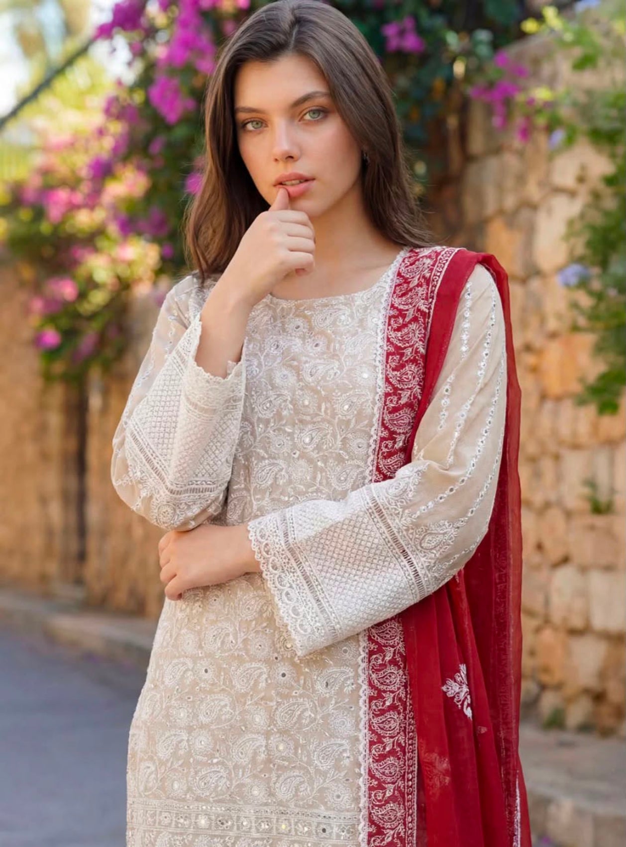 Motifz Classic Beige Crimson Embroidered Summer 3-Piece Suit