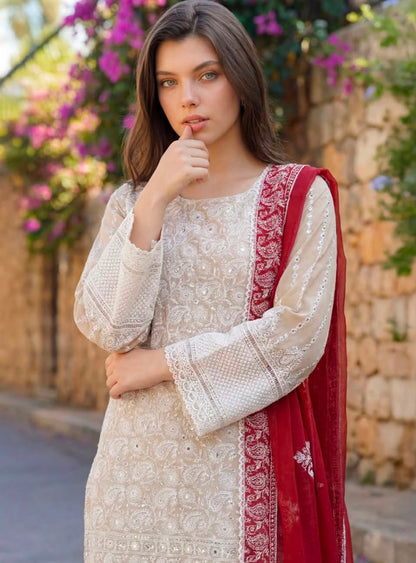 Motifz Classic Beige Crimson Embroidered Summer 3-Piece Suit