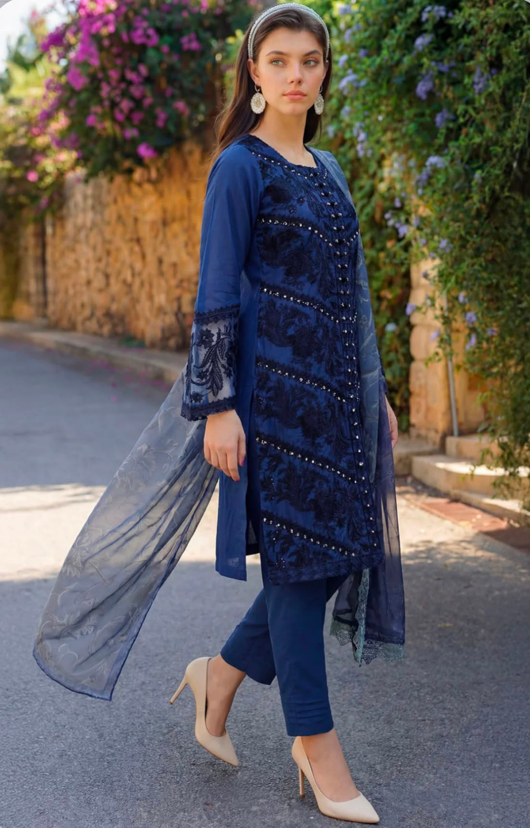 Motifz Deep Navy Blue Embroidered Lawn 3-Piece Suit