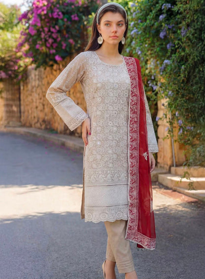 Motifz Classic Beige Crimson Embroidered Summer 3-Piece Suit