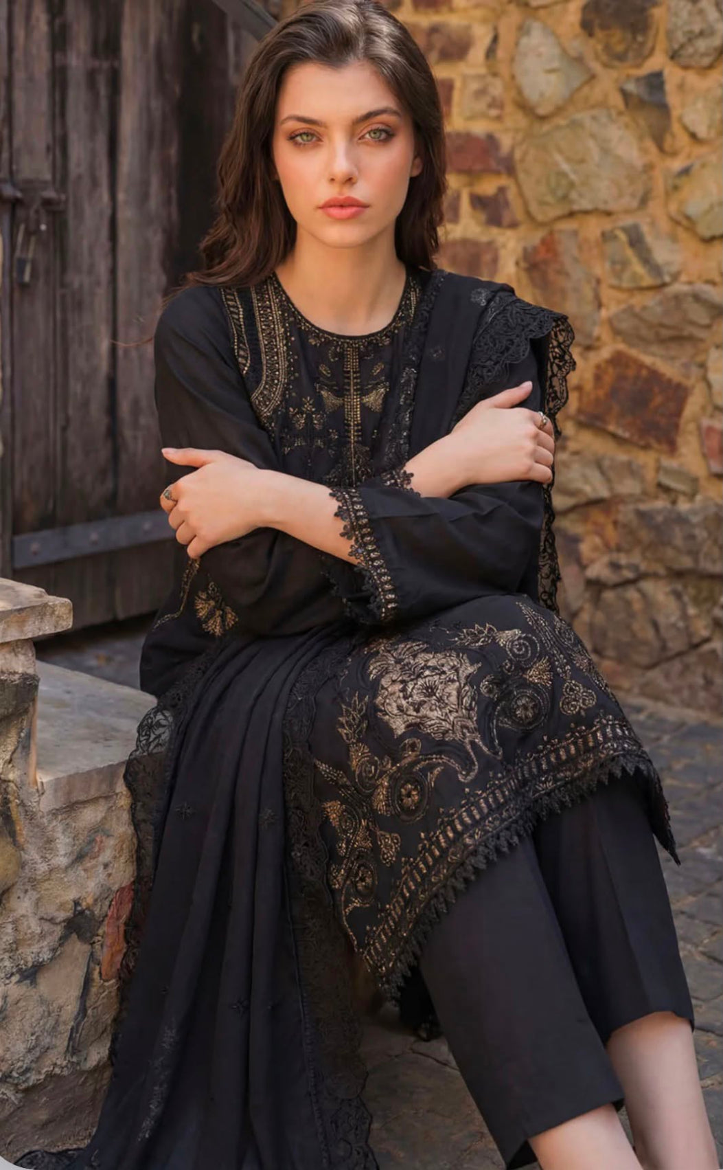 Motifz Elegant Black &amp; Antique Gold Embroidered Summer 3-Piece Suit