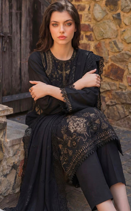 Motifz Elegant Black &amp; Antique Gold Embroidered Summer 3-Piece Suit