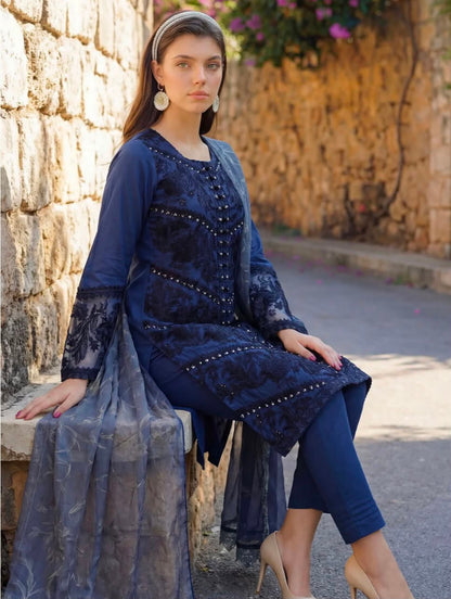 Motifz Deep Navy Blue Embroidered Lawn 3-Piece Suit