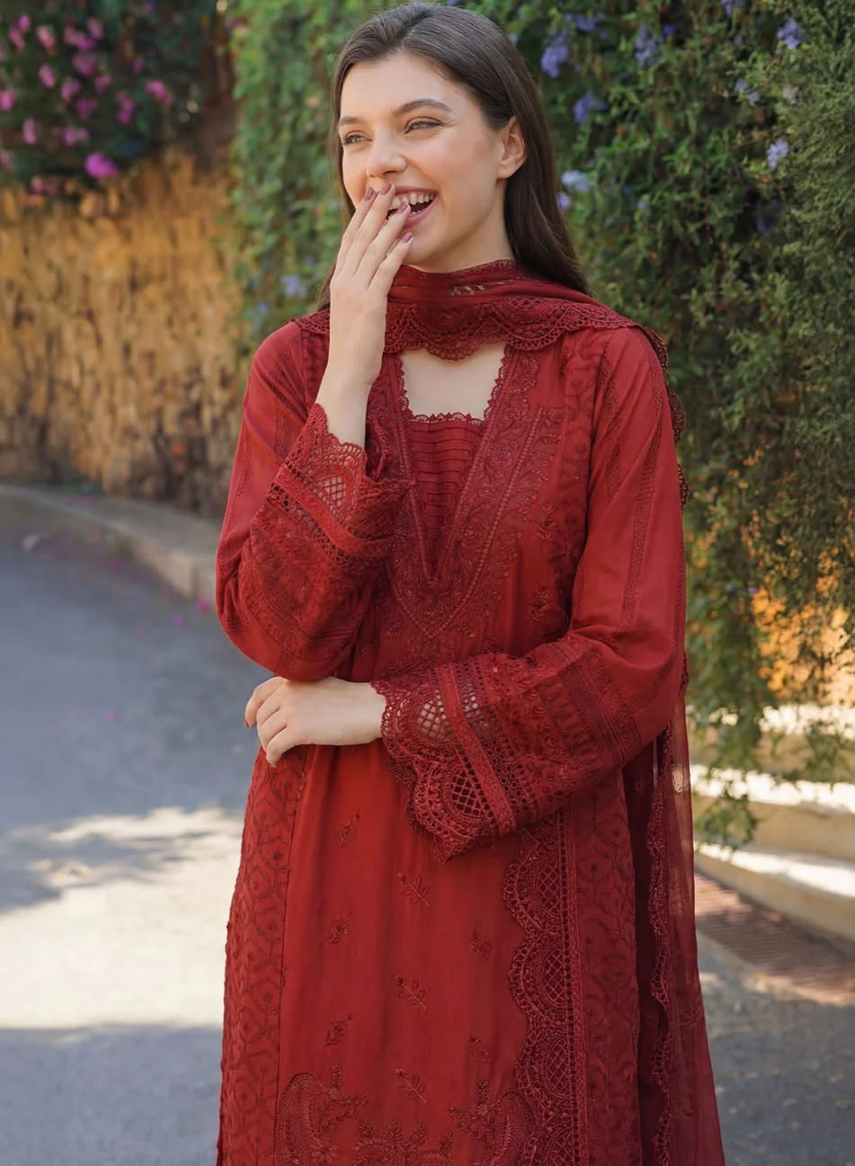 Motifz Crimson Elegance 3-Piece Embroidered Suit