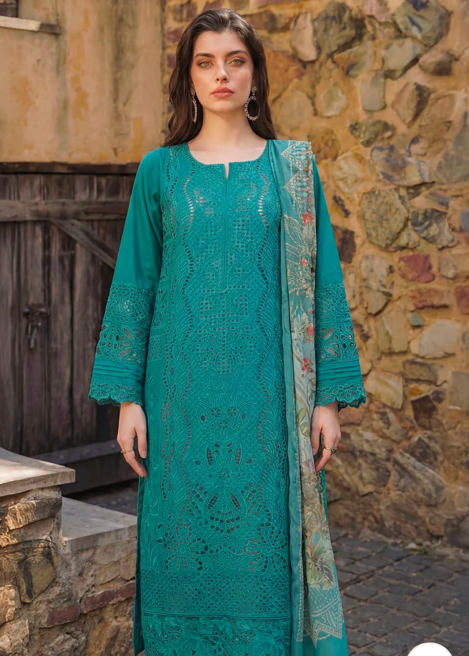 Motifz Embroidered Teal Summer 3-Piece Suit