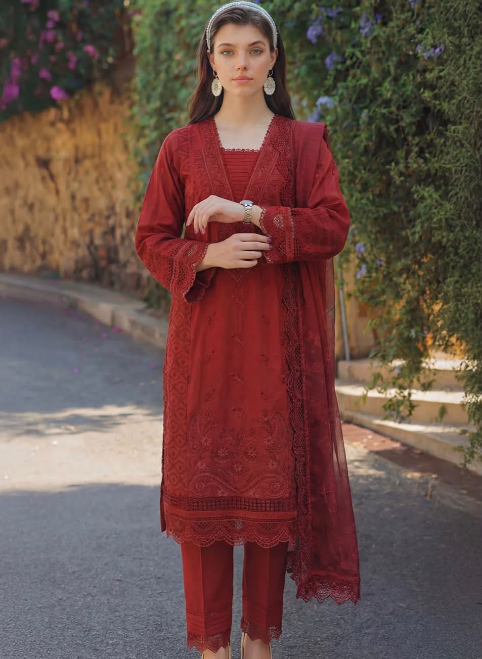 Motifz Crimson Elegance 3-Piece Embroidered Suit