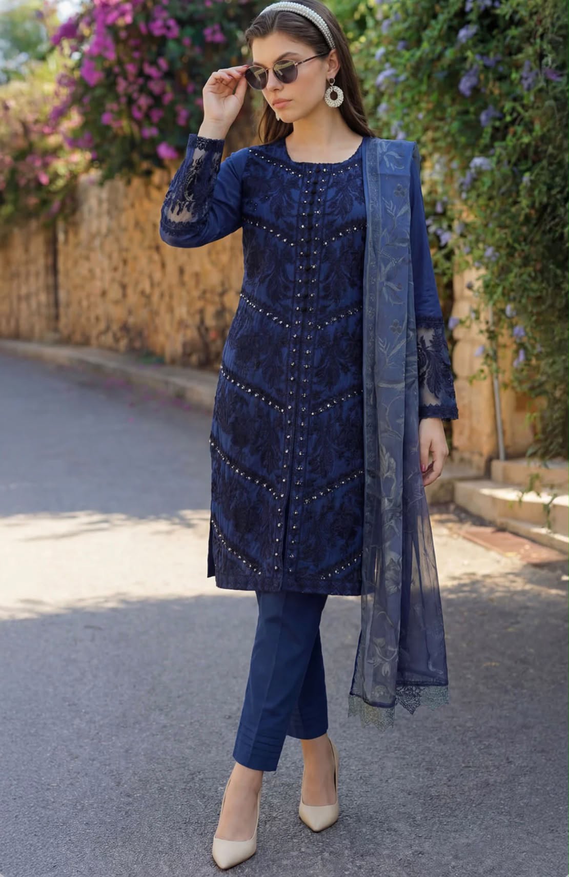 Motifz Deep Navy Blue Embroidered Lawn 3-Piece Suit