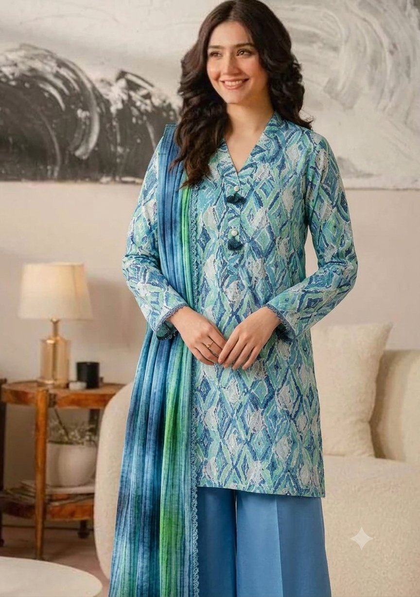 Nishat – Ocean Blue Abstract Printed 3-Piece Suit