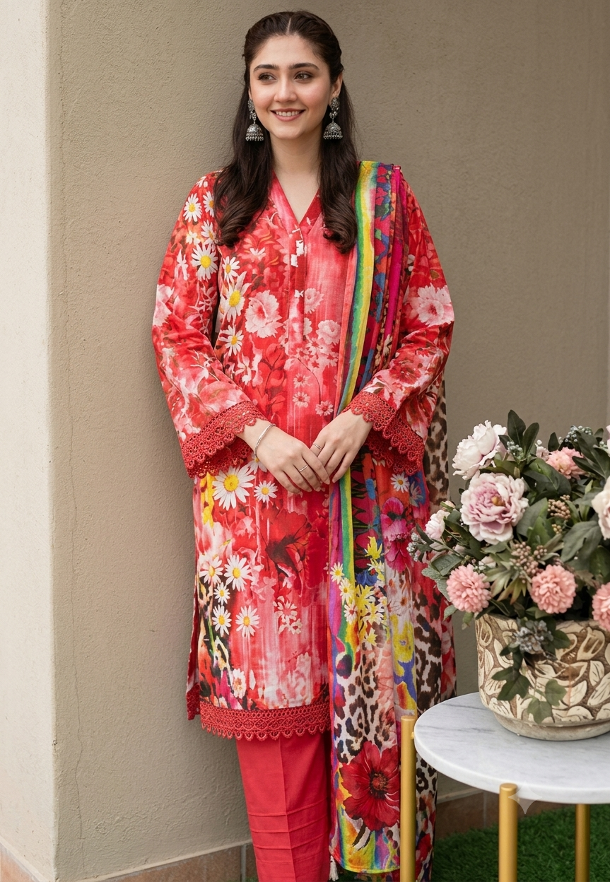 Nishat – Vibrant Coral Red Floral Printed 3-Piece Suit